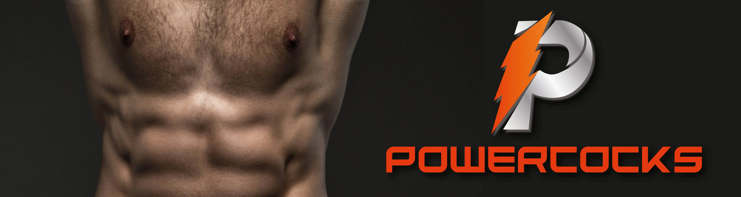 Muscular chest with 'Powercocks' logo on a black background