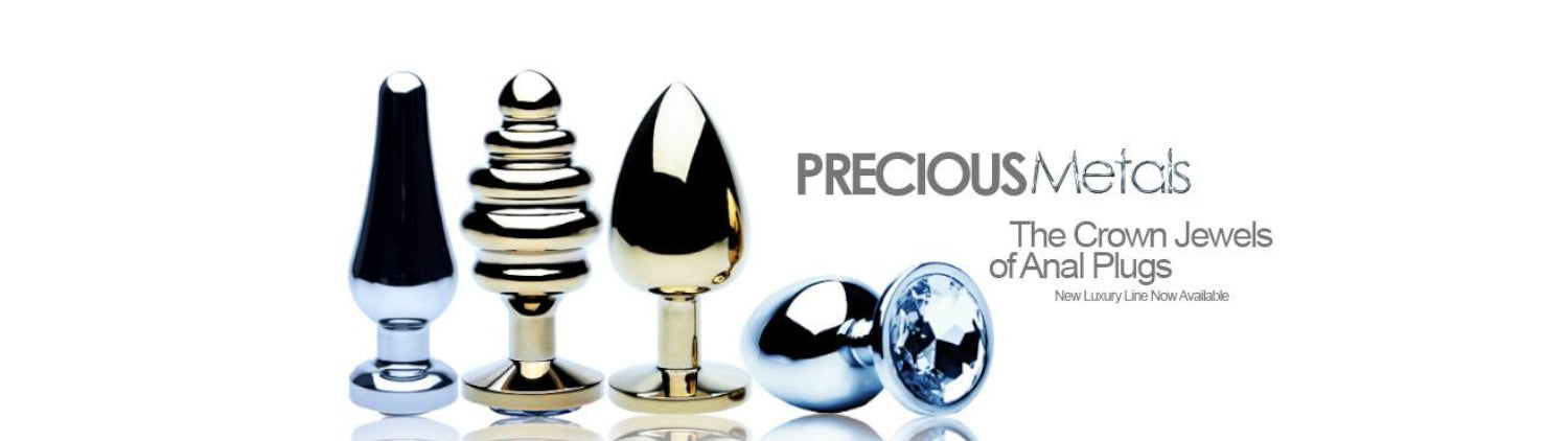 Set of anal plugs with 'Precious Metals' branding on a white background