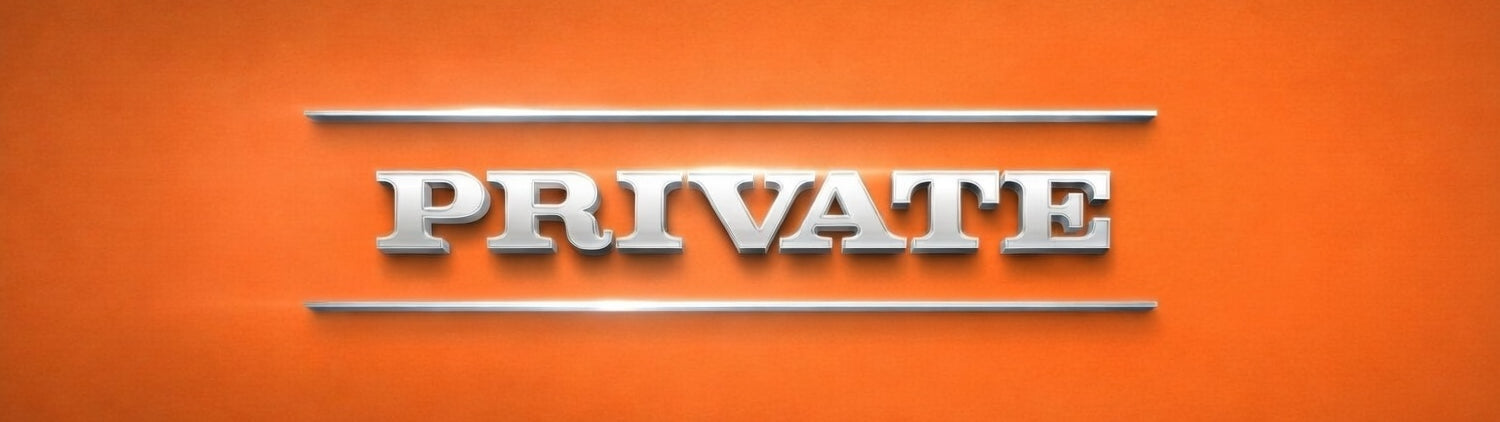 Metallic 'PRIVATE' sign on an orange background