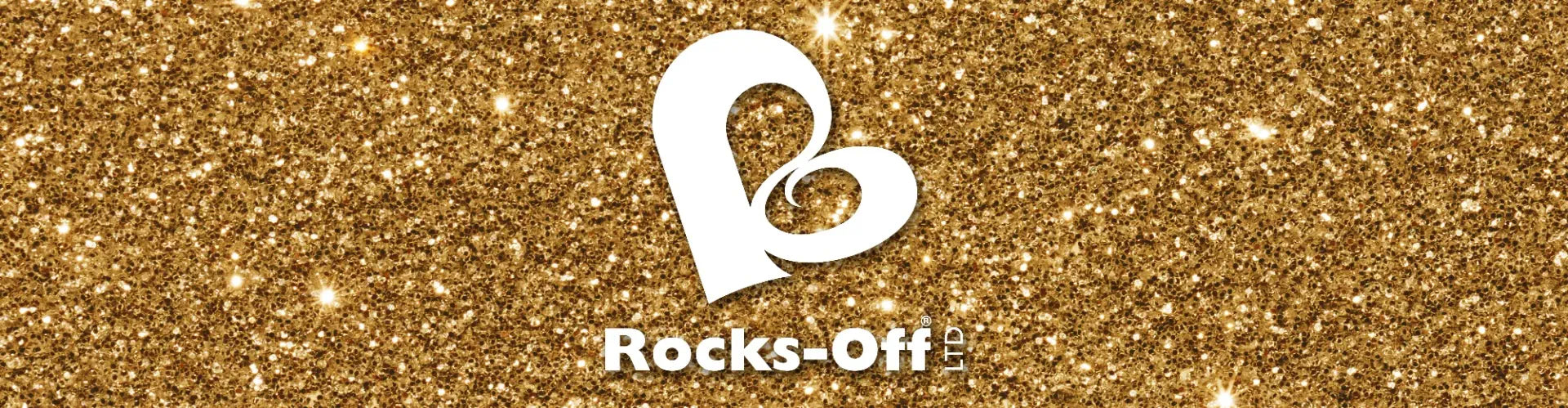 Gold glittery background with a white logo and 'Rocks-Off' text