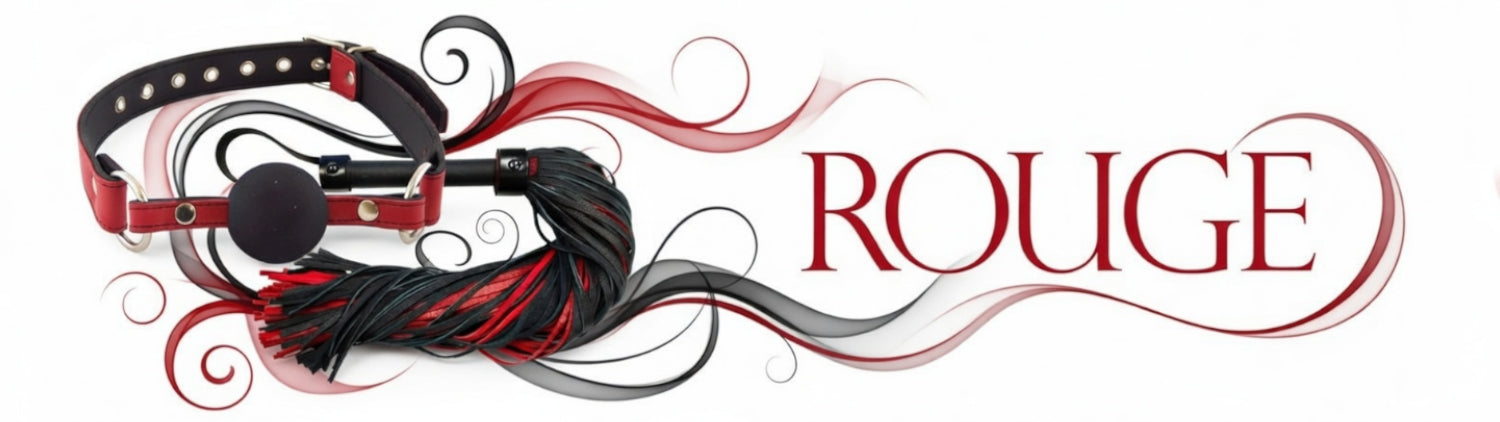 rouge garments banner with red and black ball gag and flogger