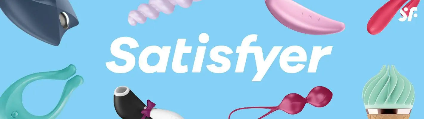 Satisfyer logo with product illustrations on a blue background