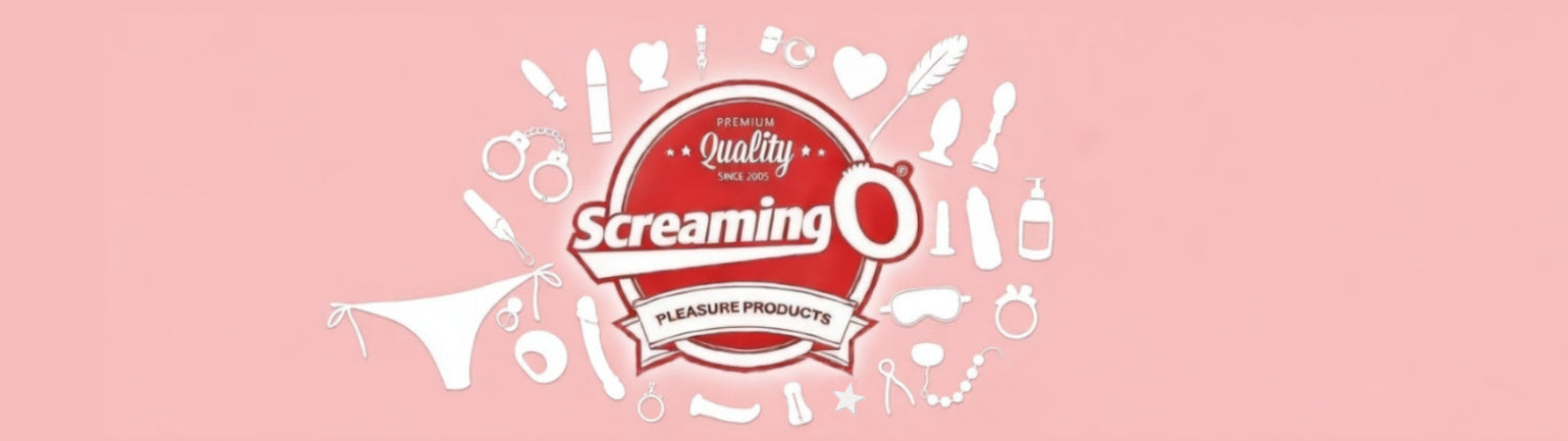 screaming o logo with sex toy symbols around it on a pink background