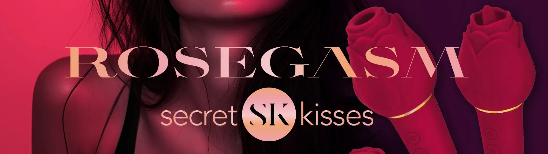 Promotional image for 'Rosegasm' with red roses and a pink background.
