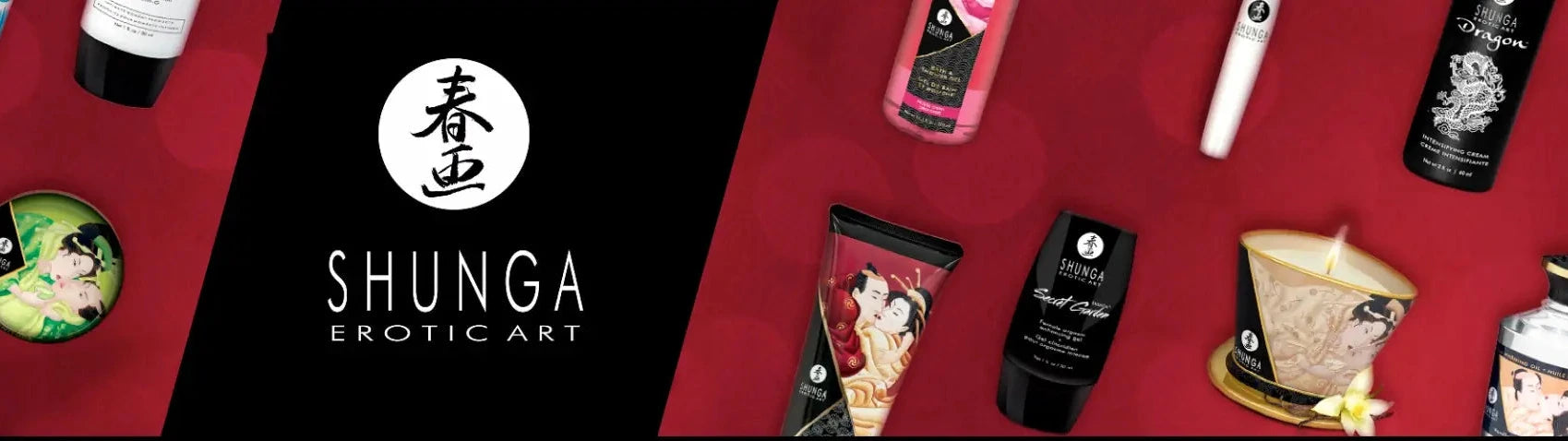 Promotional banner for Shunga Erotic Art with product images on a red background