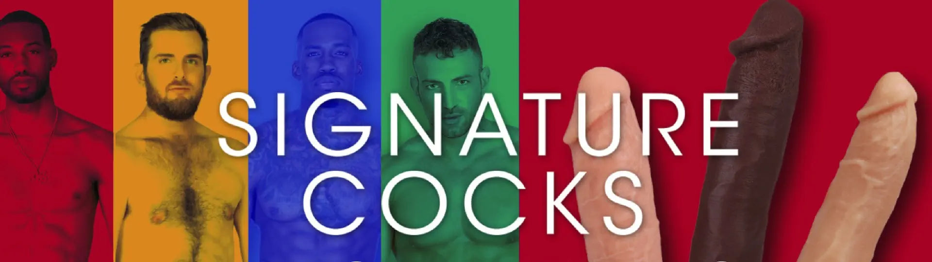 Promotional banner with stylized images of men and text 'Signature Cocks' on a red background.