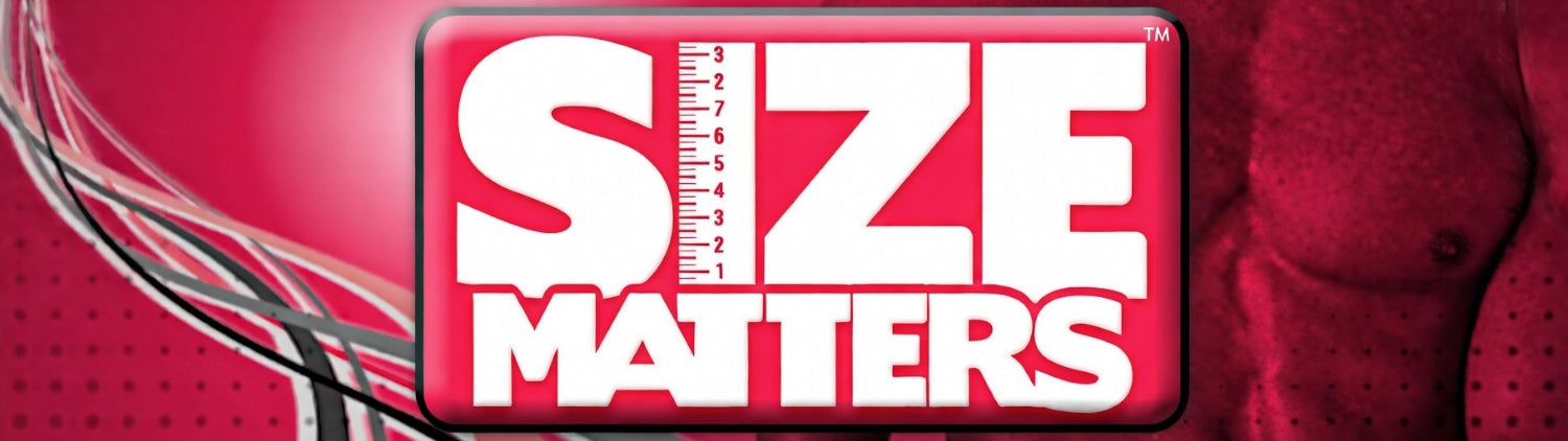 Promotional graphic with 'SIZE MATTERS' text on a red background