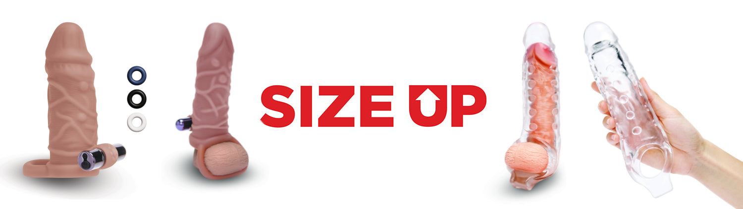 Product display with 'SIZE UP' branding and various sex toys including a hand holding a clear penis extender.