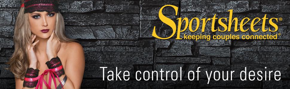 sportsheets branding with woman in light bondage gear on a dark background