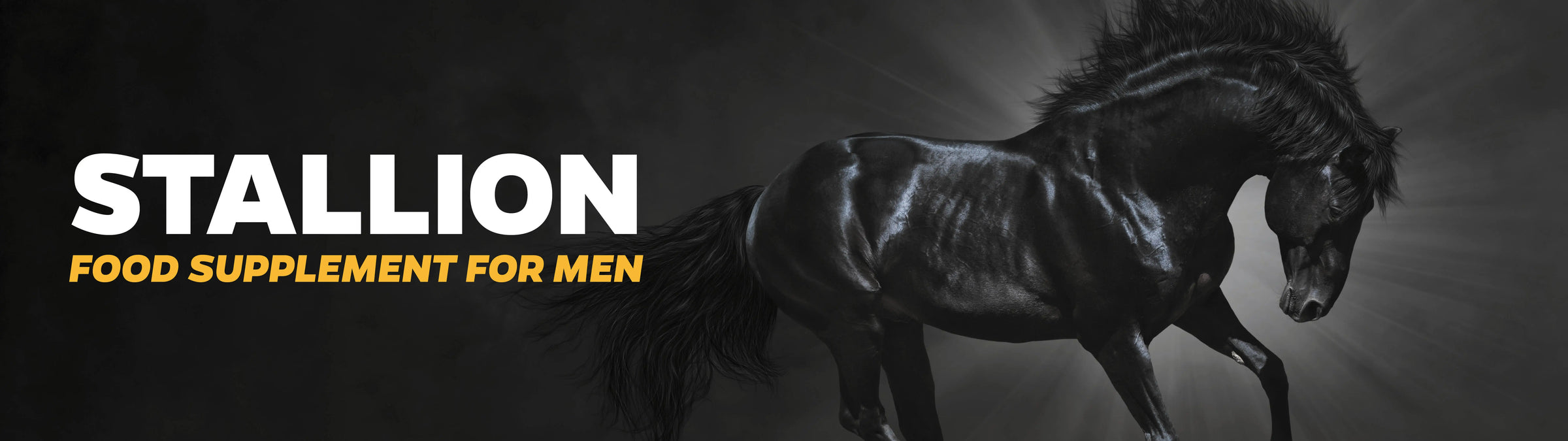 Stallion food sex supplement for men with a horse running on a dark background