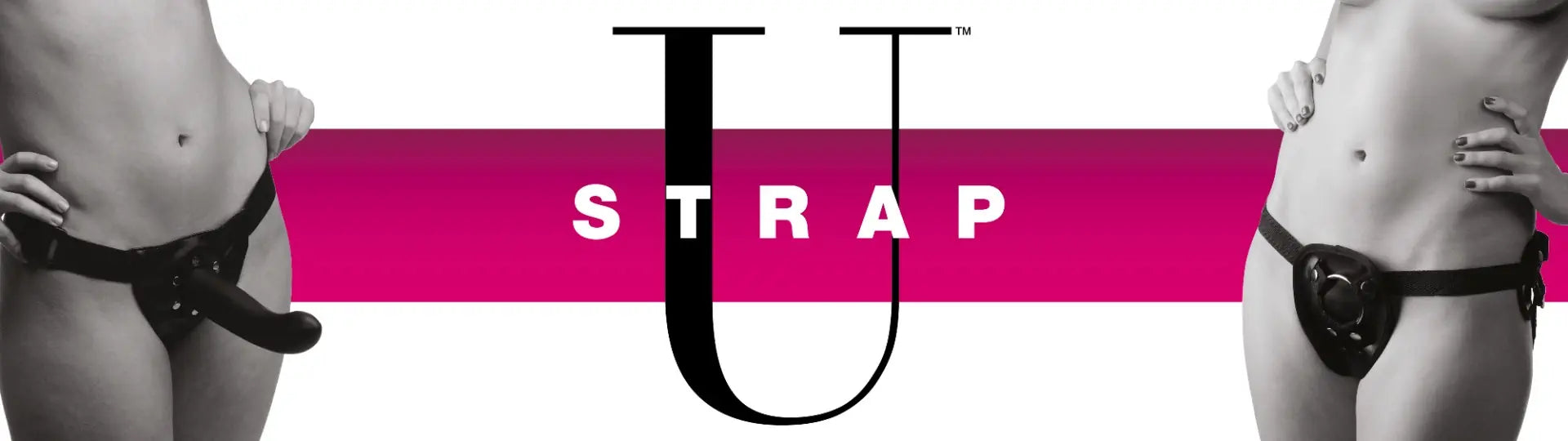 Advertisement for strap on dildo products labeled 'Strap U' with two models wearing it