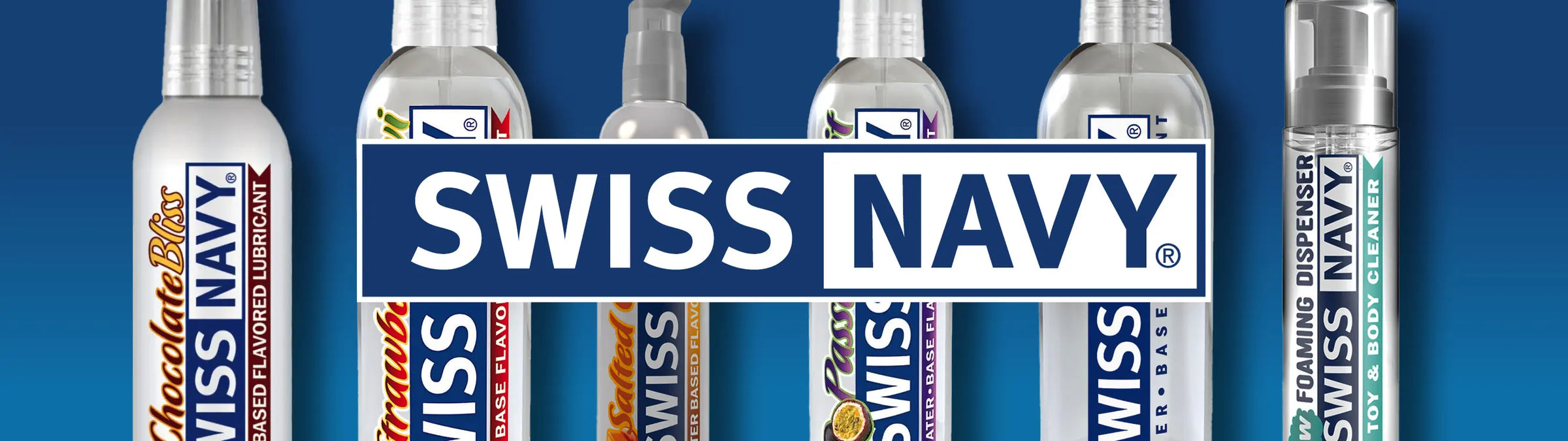 Collection of Swiss Navy lubes on a blue background