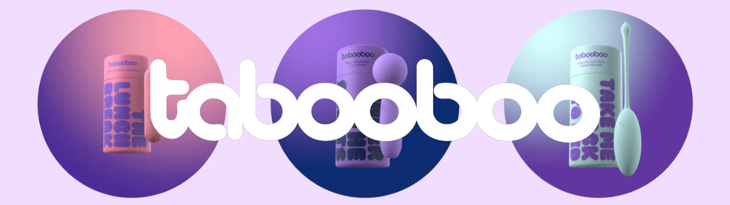 Tabooboo logo with product images on a gradient purple background