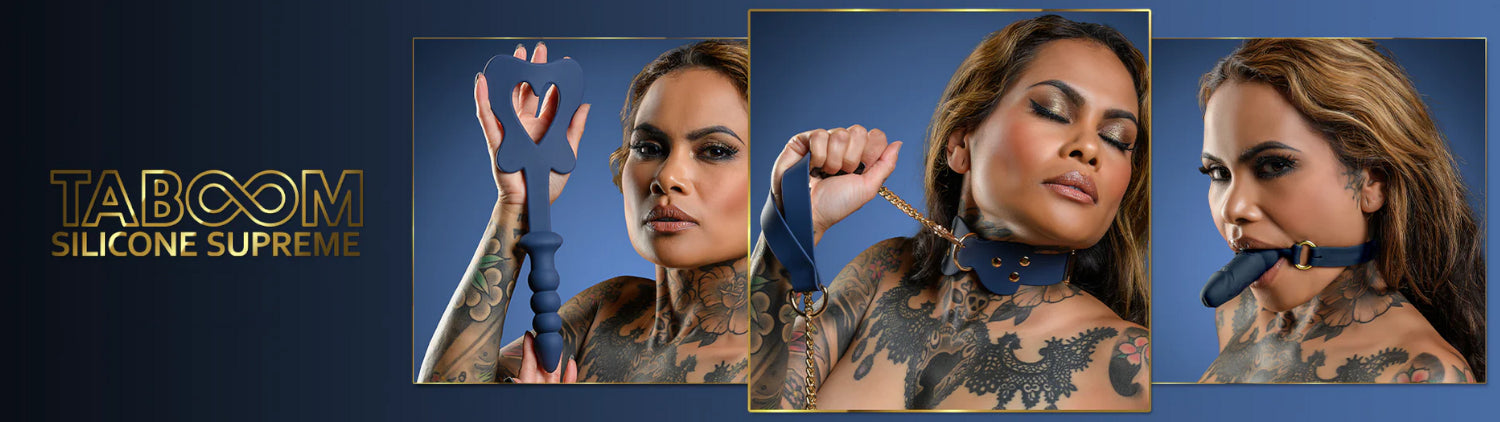 Promotional image of bondage toys with a woman using it, featuring the brand 'Taboom'.