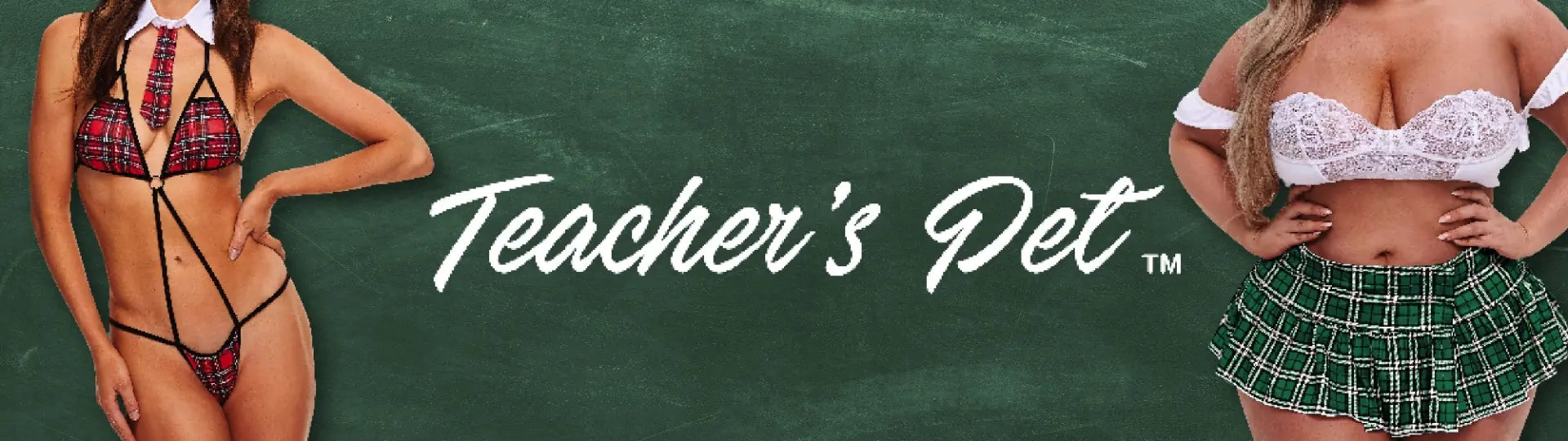 Two women in lingerie and a skirt with 'Teacher's Pet' text on a green background