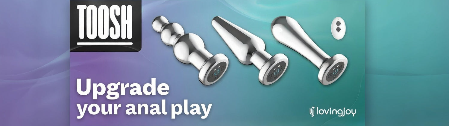 Advertisement for TOOSH anal play products with a purple and teal gradient background.