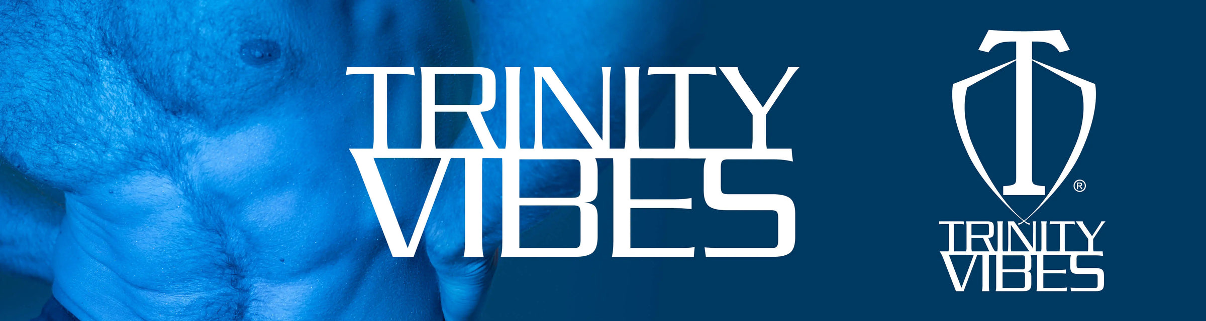 Trinity Vibes logo with a blue background and close-up of male hairy chest.
