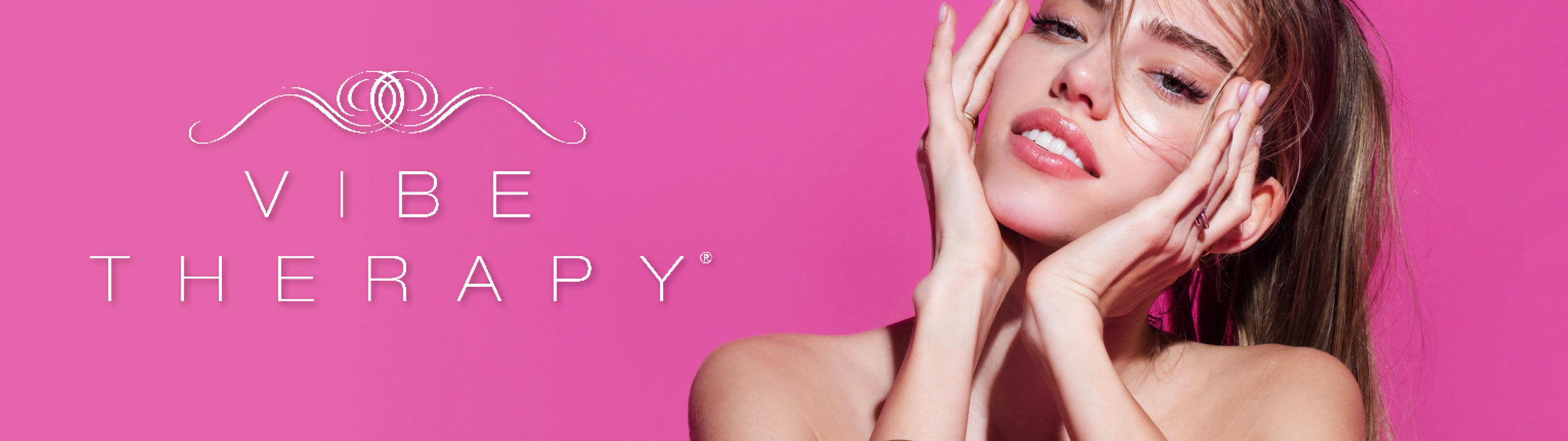 Woman with hands on face against a pink background with 'Vibe Therapy' branding.