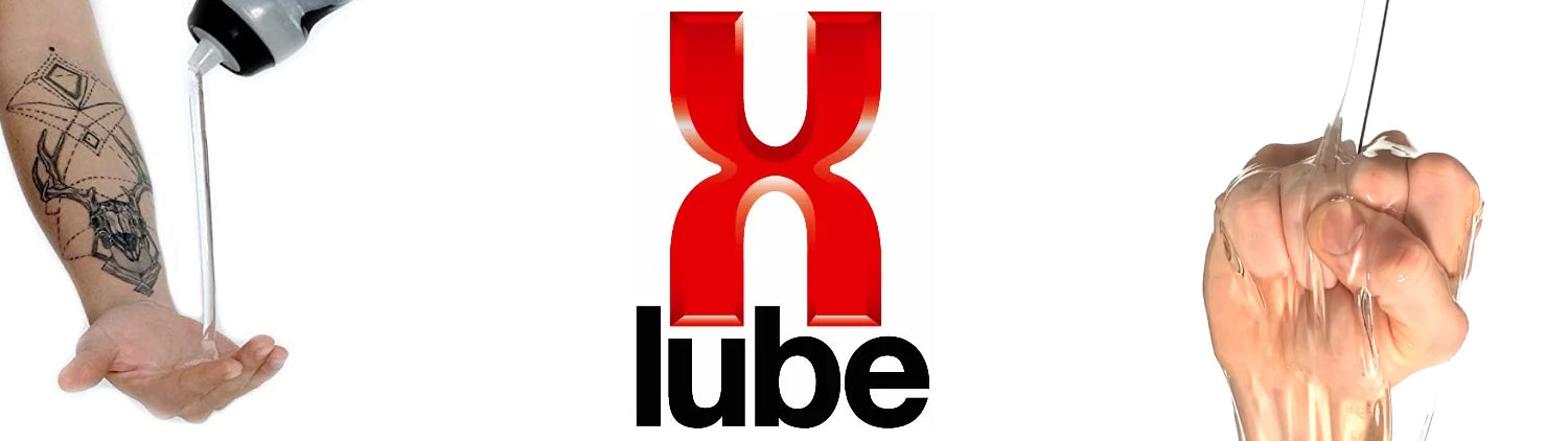 Xlube logo with a hand holding lubricant and another hand applying it, on a white background.