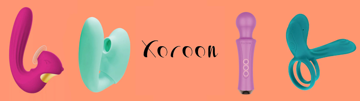 Four colorful silicone sex toys with 'Xocoon' branding on an orange background