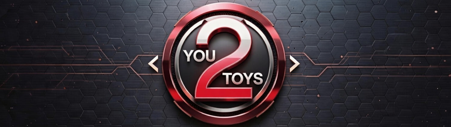 Logo of YOU2TOYS on a dark background with geometric patterns