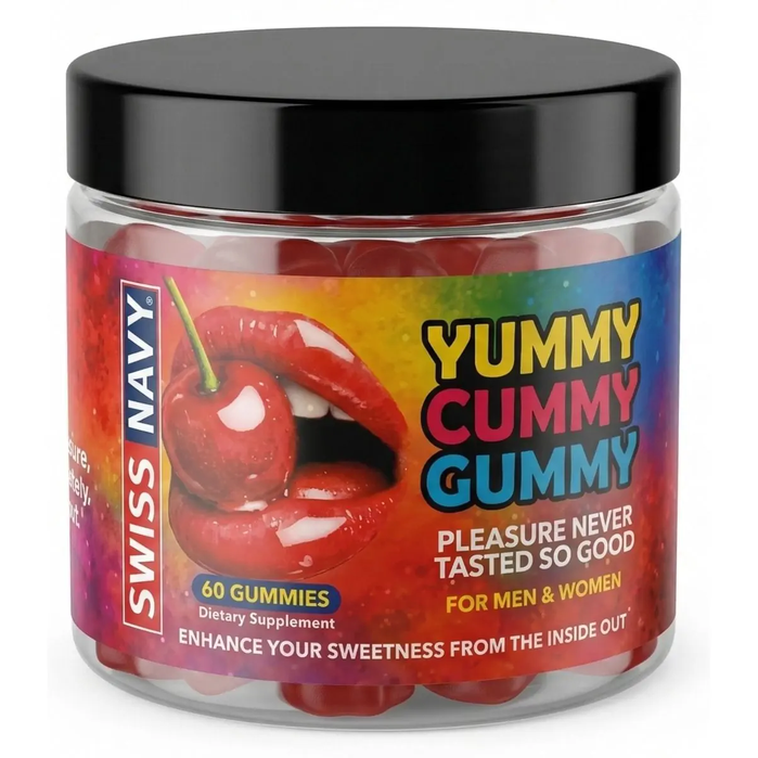 Jar of Swiss Navy Yummy Cummy Gummy dietary supplements with colorful label.