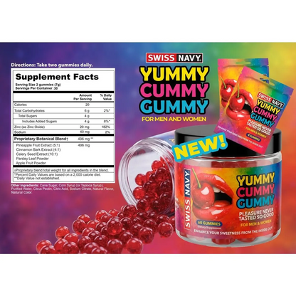 Swiss Navy Yummy Cummy Gummy product packaging and contents shown on a colorful gradient background. The image features a jar of red gummy candies spilling out, a supplement facts panel, two individual gummy pouches, and a 'NEW!' badge.