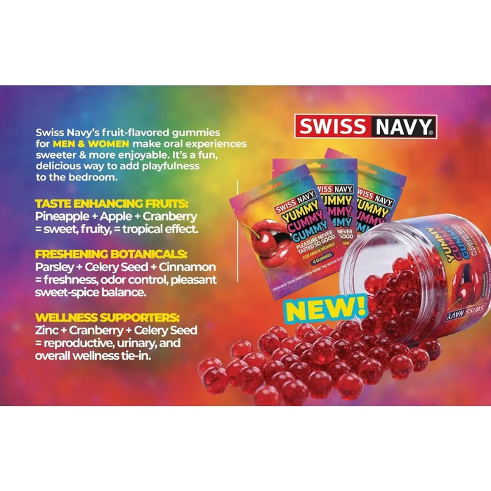 Swiss Navy fruit-flavored gummies shown with a clear jar tipped over spilling red translucent gummies, several colorful packet packs, and marketing text on a colorful gradient background.
