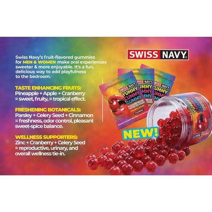 Swiss Navy fruit-flavored gummies shown with a clear jar tipped over spilling red translucent gummies, several colorful packet packs, and marketing text on a colorful gradient background.