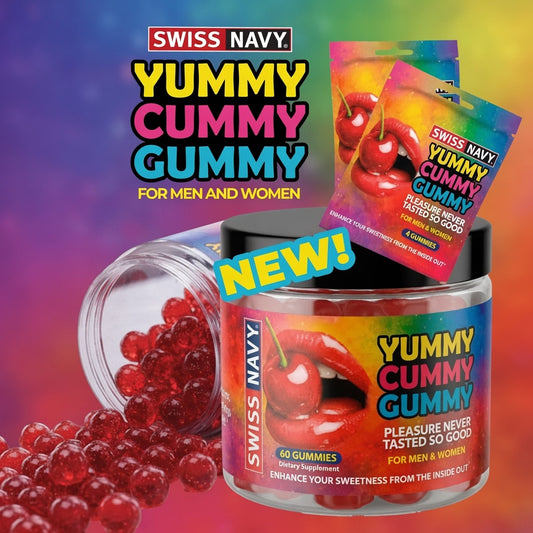 Swiss Navy Yummy Cummy Gummy supplement jar with red gummies spilling out, two sachets, and large promotional text on a colorful gradient background.