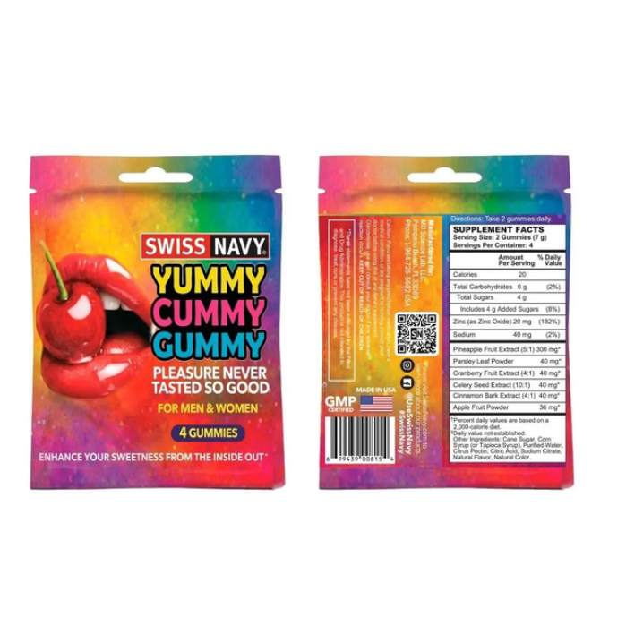 Two views of a Swiss Navy 'Yummy Cummy Gummy' gummy candy package on a plain white background, showing the colorful front and back of the retail pouch.